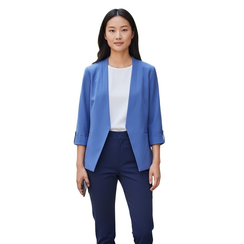 Calvin Klein Women Blue Open Front 3/4 Sleeve Petite Blazer Suit Jacket
